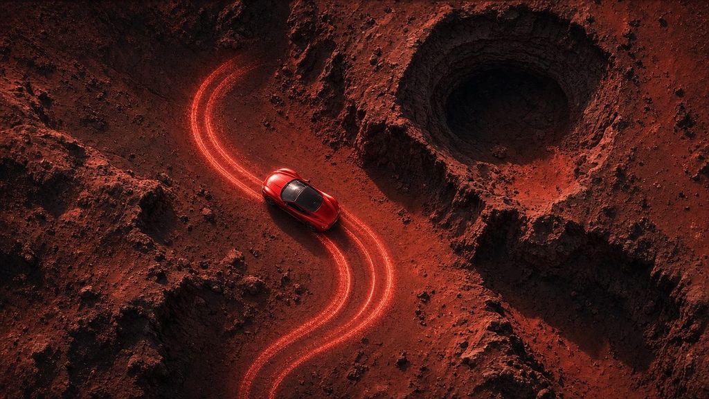 Tire tracks in a Martian crater