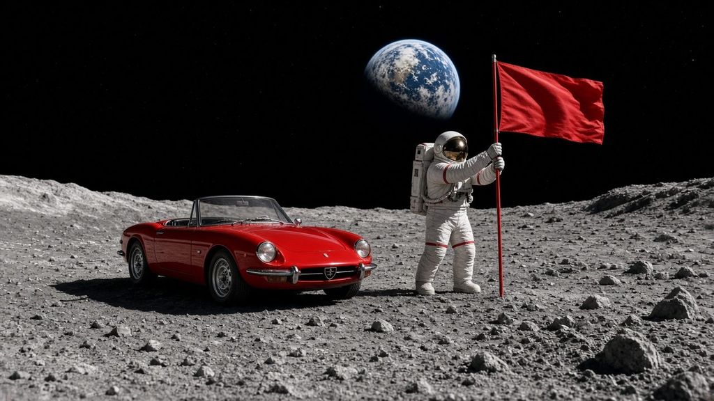 Roadster beside a flag on the Moon